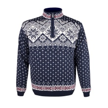 Kama Sweter Pullover 4082 Half Zip z nordyckim wzorem (wełna merino) granatowy męski