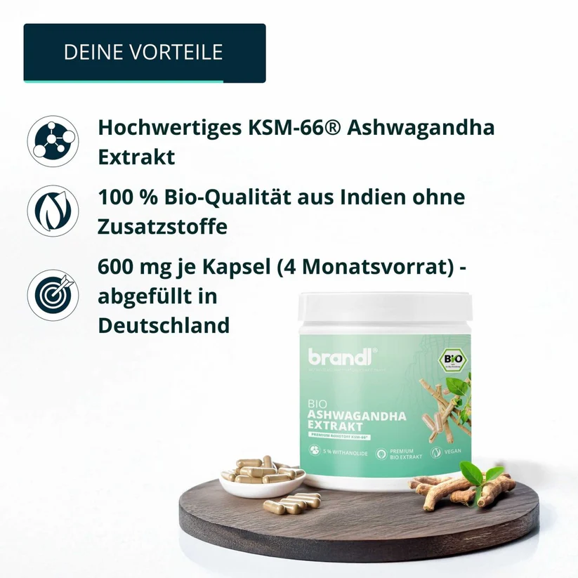 Brandl Bio KSM 66 Ekstrakt z Ashwagandhy (600mg czystego ekstraktu z Ashwagandhy) 120 kapsułek