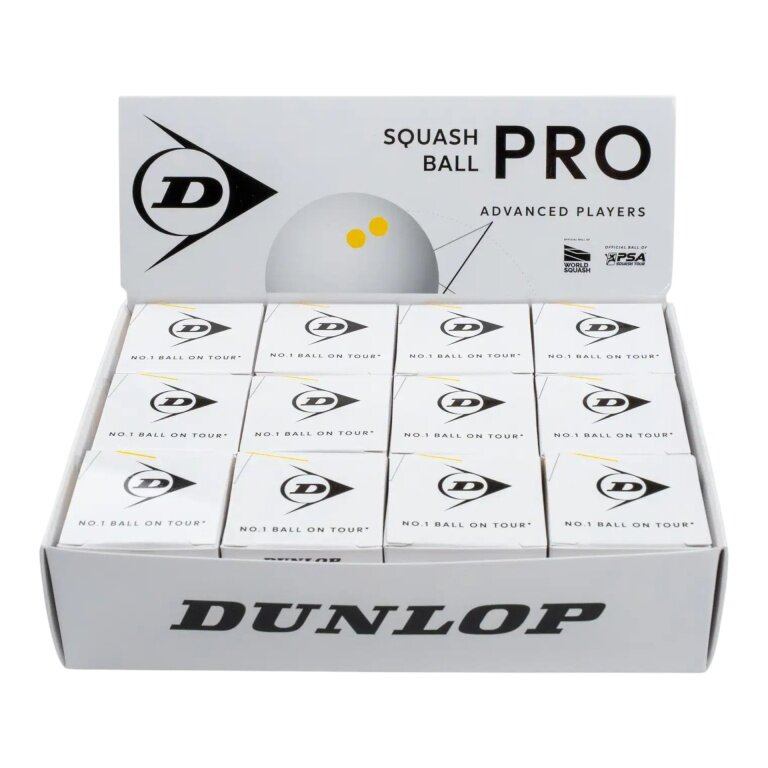 Dunlop Squashball Pro (2 żółte punkty, prędkość bardzo wolna) <b>BIAŁY</b> - 12 sztuk w kartonie