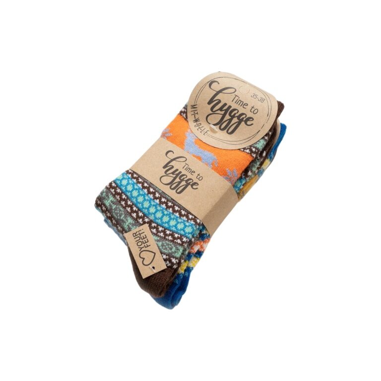 Skarpety wełniane HomeOfSocks Hygge z motywem łosia wielokolorowe brązowo-niebieskie damskie - 2 pary