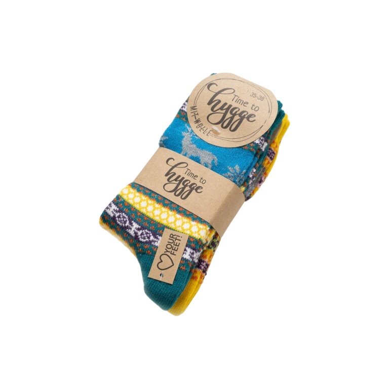 Skarpetki wełniane HomeOfSocks Hygge z motywem łosia wielokolorowe petrol/żółte damskie - 2 pary