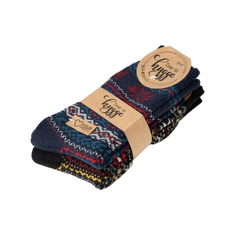 HomeOfSocks Skarpety wełniane Hygge w norweskim wzorze granatowo-czarne - 2 pary
