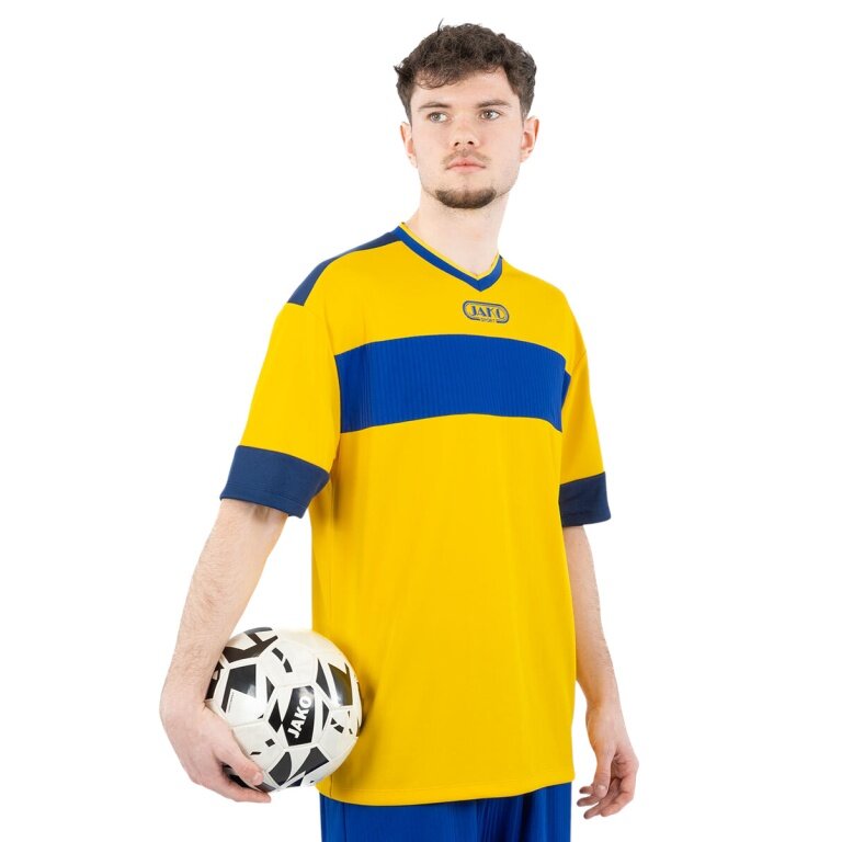 JAKO Sportowa koszulka klubowa 92 (dekolt w serek, retro urok, oversize) krótki rękaw żółto-niebieska męska