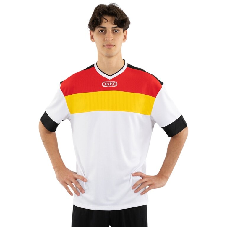 JAKO Sportowa koszulka klubowa 92 (dekolt w serek, retro urok, oversize) krótki rękaw biało/czerwono/żółta męska