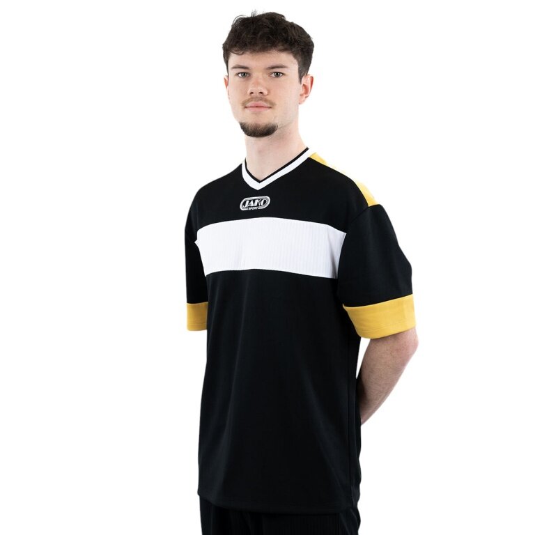 JAKO Sportowa koszulka klubowa 92 (dekolt w serek, retro urok, oversize) krótki rękaw czarno/biało/żółta męska