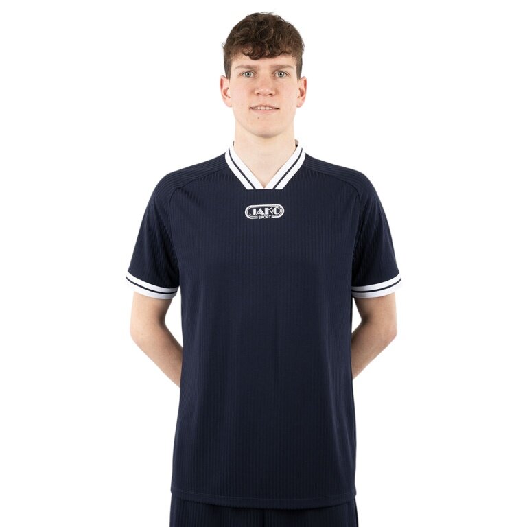 JAKO Sportowa koszulka Retro (dekolt w serek, oddychająca) krótki rękaw granatowo/biała męska