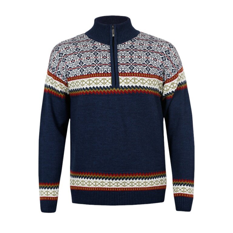 Kama Sweter Pullover 4097 Half Zip z nordyckim wzorem (wełna merino, bardzo ciepły) granatowy męski