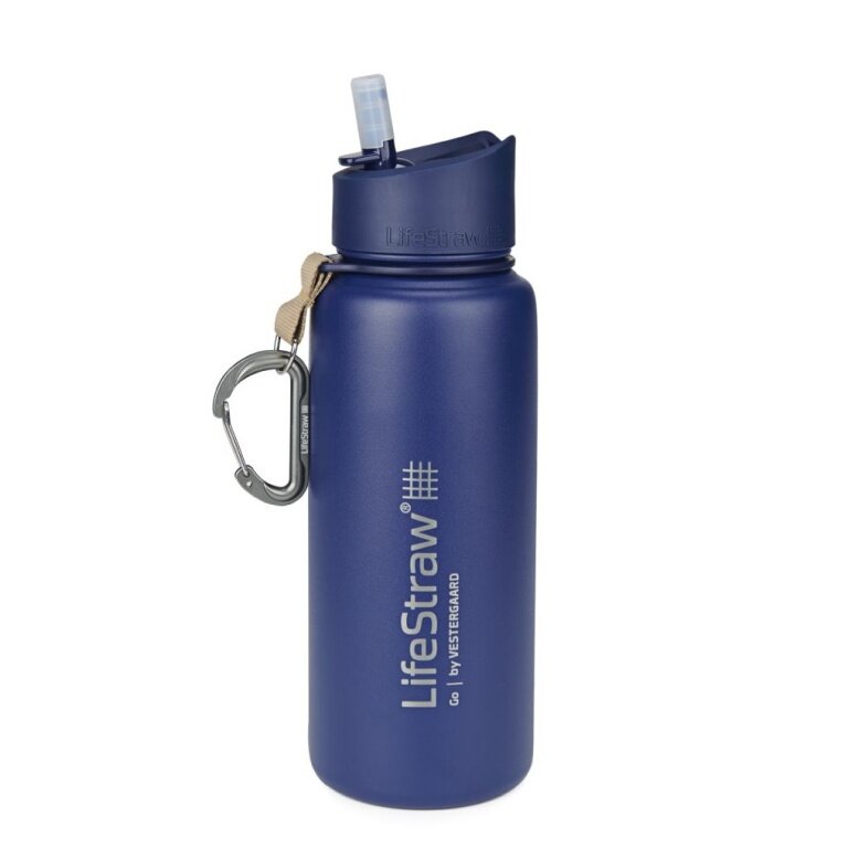 LifeStraw Butelka Wodna Go Stal Nierdzewna z Filtrem Wodnym, Zatyczka z Silikonowym Ustnikiem, Karabinek niebieski - 650 ml