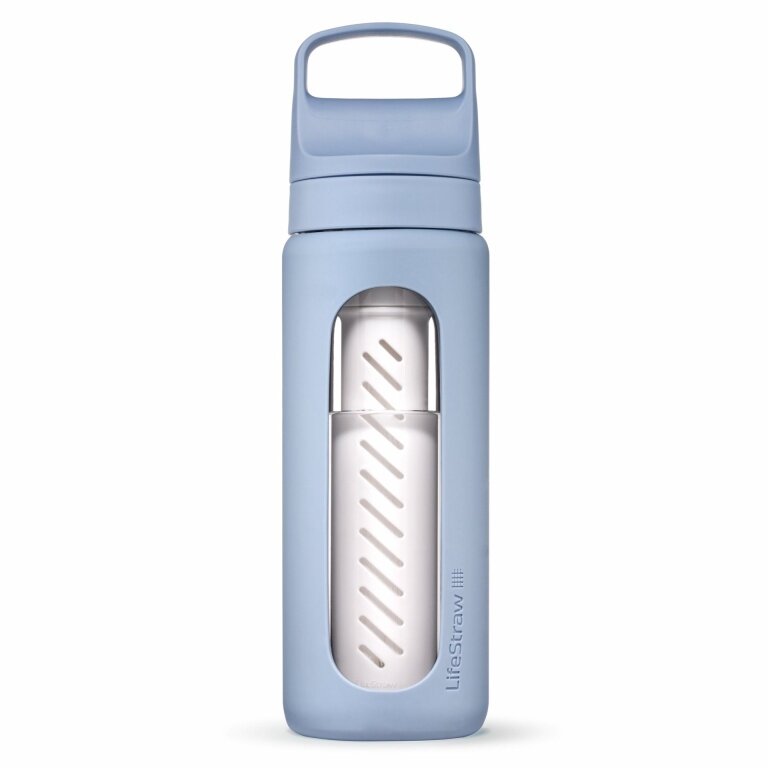 Butelka LifeStraw Go Glass z filtrem do wody, zatyczka z silikonowym ustnikiem, wolna od BPA, jasnoniebieska - 600 ml