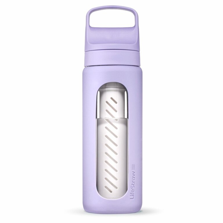 Butelka LifeStraw Go Glass z filtrem do wody, zatyczka z silikonowym ustnikiem, wolna od BPA, fioletowa - 600 ml