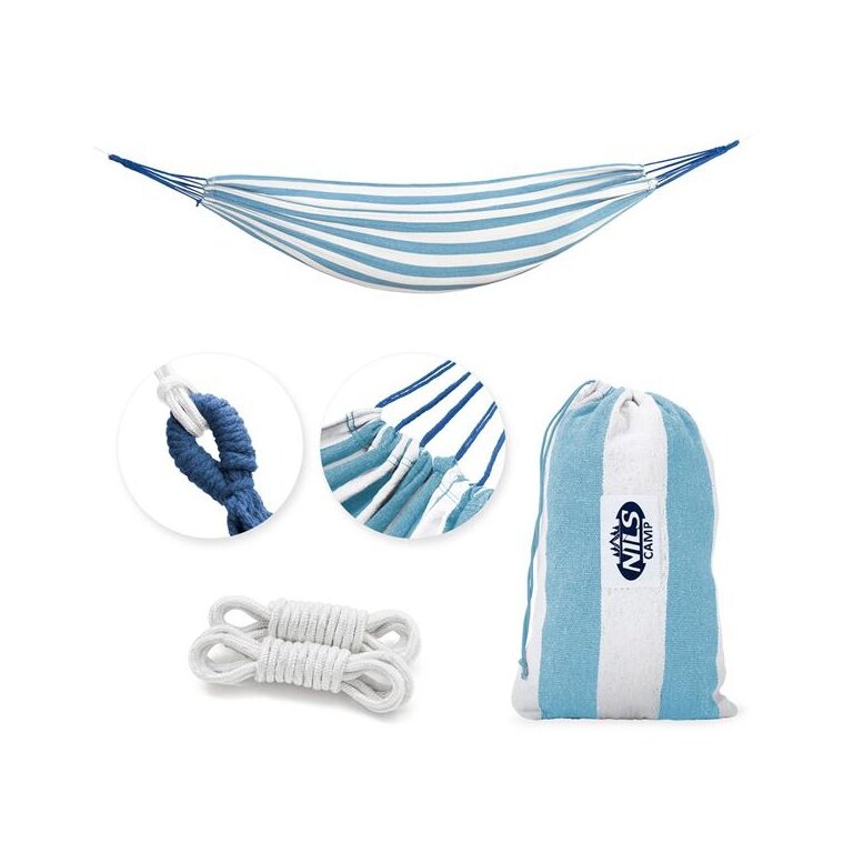 Nils Camp Hamak NC9003 (mieszanka bawełny i poliestru, trwały, łatwy do zawieszenia) niebiesko/biały 200x120cm