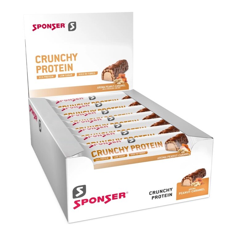 Sponser Crunchy Protein Batony (ponad 30% zawartości białka, tylko 1,8g cukru na batonik) Orzechy/Karmel 12x50g Pudełko