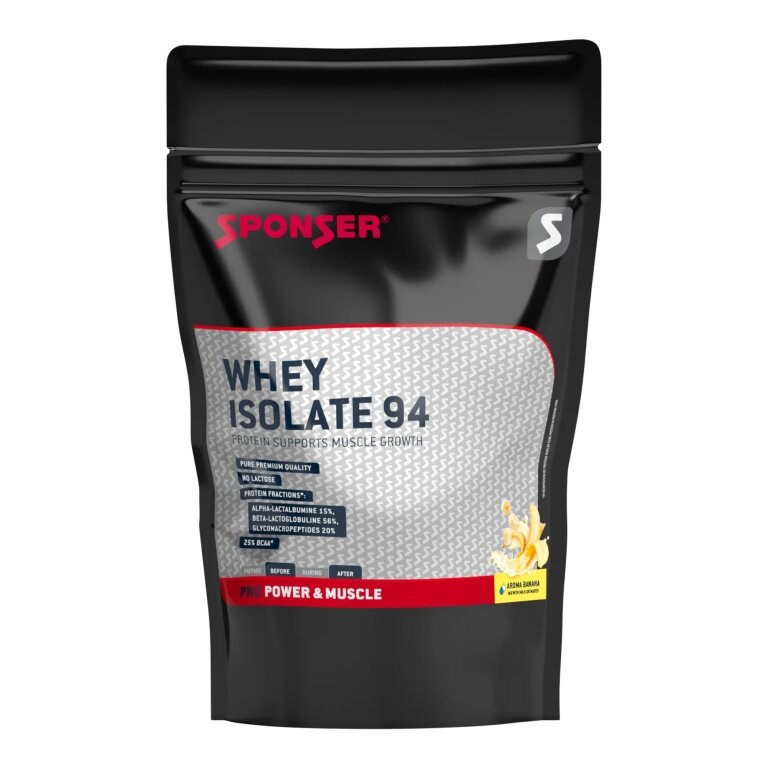 Sponser Whey Isolate 94 proszek białkowy (czyste izolaty serwatkowe CFM, maksymalna zawartość białka, bez laktozy) banan 1500g worek stojący