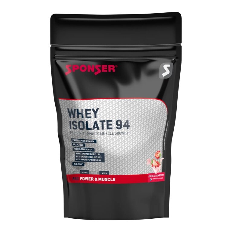 Sponser Whey Isolate 94 proszek białkowy (czyste izolaty serwatkowe CFM, maksymalna zawartość białka, bez laktozy) truskawka 1500g worek stojący