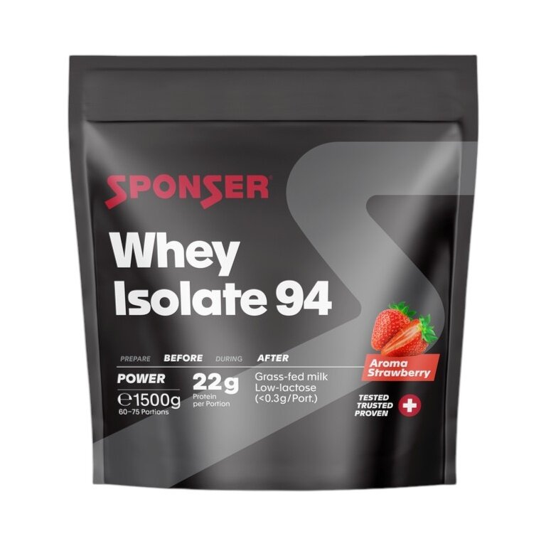 Sponser Whey Isolate 94 proszek białkowy (czyste izolaty serwatkowe CFM, maksymalna zawartość białka, bez laktozy) truskawka 1500g worek stojący