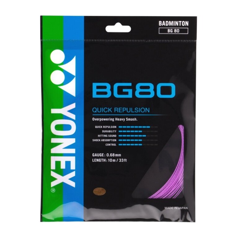 Yonex struna do badmintona BG80 (kontrola + dotyk) fioletowa 10m zestaw
