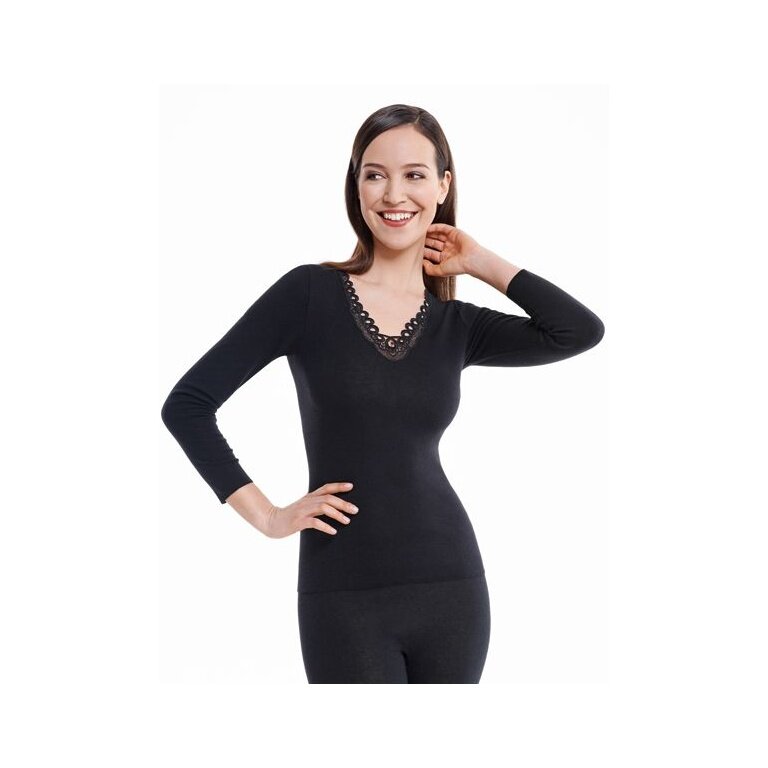 Medima Bielizna Damska Koszulka z Długim Rękawem z Koronką (20% Angora) czarna Damska (Rozm. S-L)